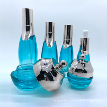 Fancy Luxury Blue 30g 50g 100ml 120ml Clear Face Cream Container Jars and Bottles Set Glass Cosmetic Jar